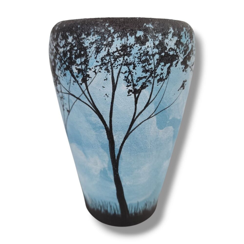 Thomas Bud Skupniewitz Art Pottery Vase Summer Tree Blue Black 6" Wisconsin